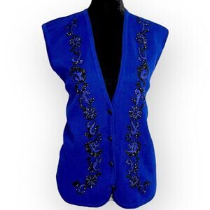 Koret Sweater Vest Womens Medium Blue Embroidered Beaded VTG Academia Wool Blend